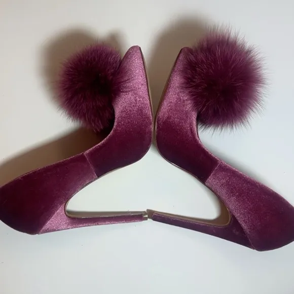 Elegant Velvet Pink Pom Pom slip on party high heels size 7