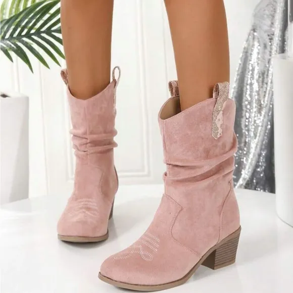 Embroidery Western Cowboy Boots With Wrinkle Detail And Small Heels For Women