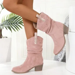 Embroidery Western Cowboy Boots With Wrinkle Detail And Small Heels For Women