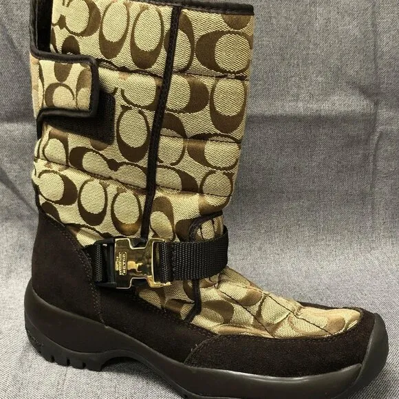EUC Coach Brown Shannon Signature Monogram Vibram Sole Women's Boots- Size 7