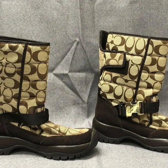 EUC Coach Brown Shannon Signature Monogram Vibram Sole Women's Boots- Size 7
