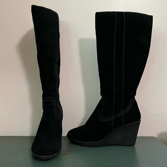 EuroSoft Black Suede Knee-High Wedge Boots - Size 9