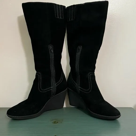 EuroSoft Black Suede Knee-High Wedge Boots - Size 9