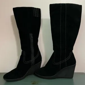 EuroSoft Black Suede Knee-High Wedge Boots - Size 9