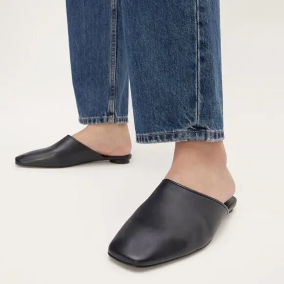 Everlane The Day Mule Womens 7 Slip On Flats Black Leather Slides Minimalist