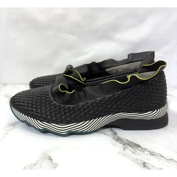 Fendi Black Leather Ruffle Trim Slip On Athletic Sneakers Shoes Size 39 Italy