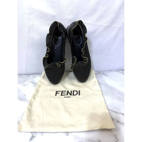 Fendi Black Leather Ruffle Trim Slip On Athletic Sneakers Shoes Size 39 Italy