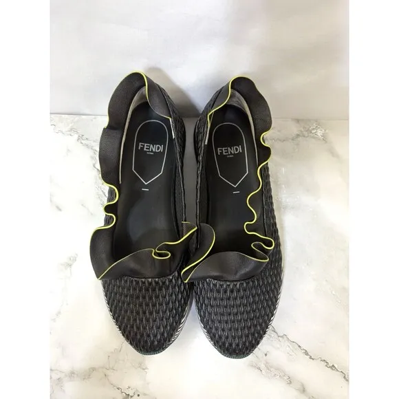 Fendi Black Leather Ruffle Trim Slip On Athletic Sneakers Shoes Size 39 Italy