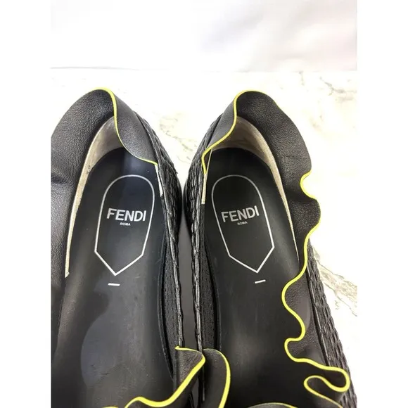 Fendi Black Leather Ruffle Trim Slip On Athletic Sneakers Shoes Size 39 Italy
