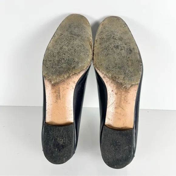 Ferragamo Vintage Dark Blue Leather Low Heel Gold Buckle Loafers 8.5AA Narrow