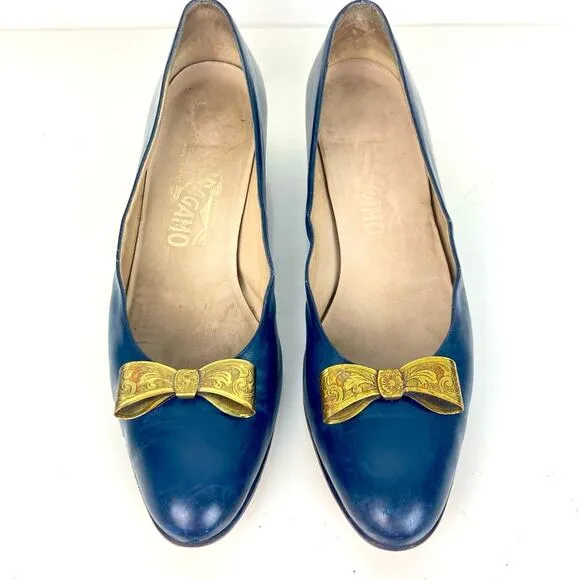FERRAGAMO Vintage Navy Blue Leather Shoes Heels Brass Bows - Size 8.5 AAAA