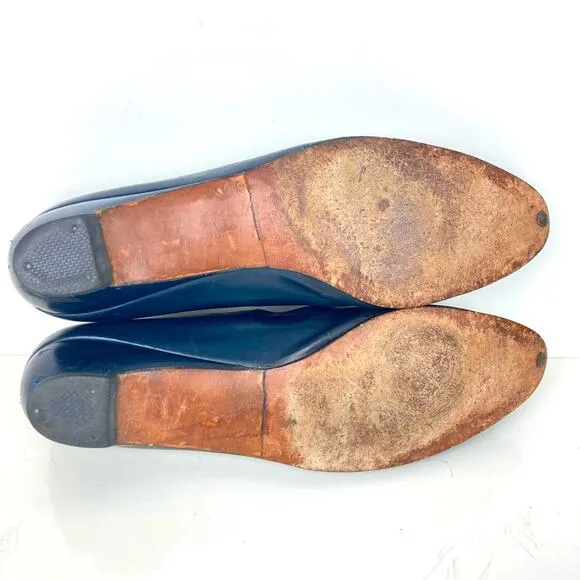 FERRAGAMO Vintage Navy Blue Leather Shoes Heels Brass Bows - Size 8.5 AAAA