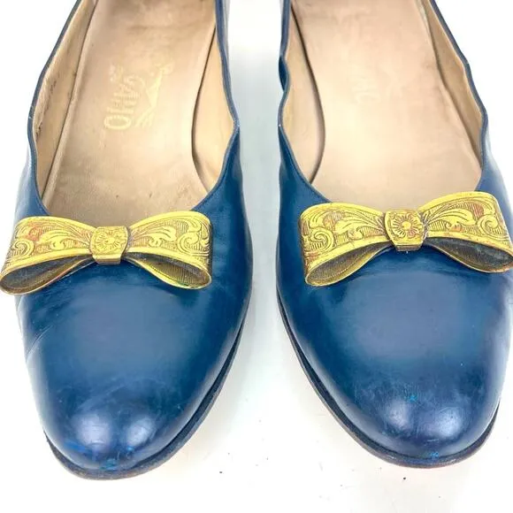 FERRAGAMO Vintage Navy Blue Leather Shoes Heels Brass Bows - Size 8.5 AAAA