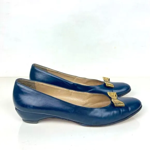 FERRAGAMO Vintage Navy Blue Leather Shoes Heels Brass Bows - Size 8.5 AAAA