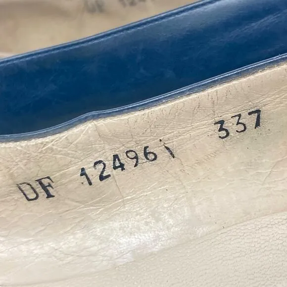 FERRAGAMO Vintage Navy Blue Leather Shoes Heels Brass Bows - Size 8.5 AAAA