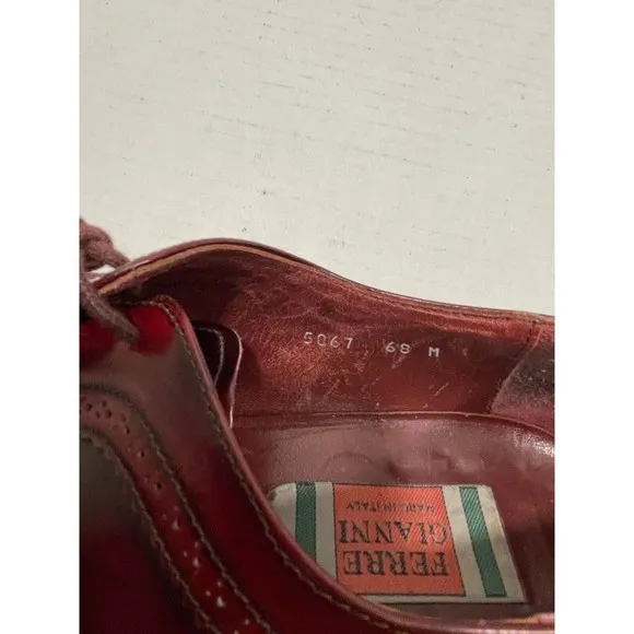 Ferre Gianni Men Wingtip Brogue Oxford Dress Shoes Size 8.5 Burgundy Red Leather