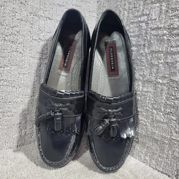 Florsheim 18075 Men's Size 9.5B Black Leather Kiltie Tassel Slip On Dress Shoes
