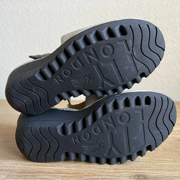 Fly London Black and Silver Wedge Sandals with Comfort Platform