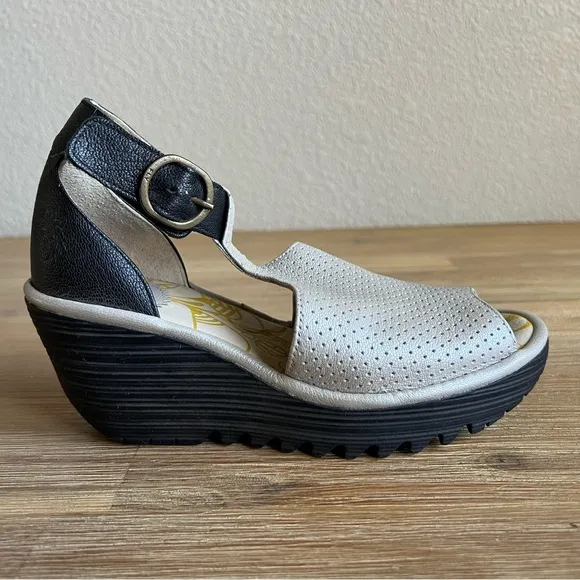 Fly London Black and Silver Wedge Sandals with Comfort Platform