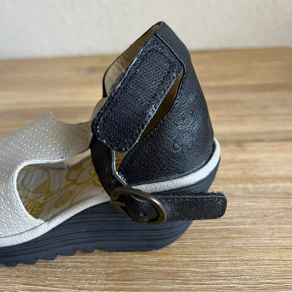 Fly London Black and Silver Wedge Sandals with Comfort Platform