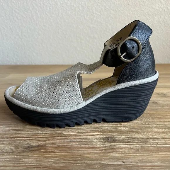 Fly London Black and Silver Wedge Sandals with Comfort Platform