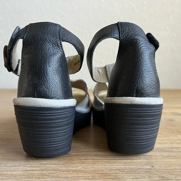 Fly London Black and Silver Wedge Sandals with Comfort Platform