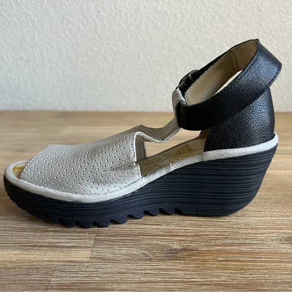 Fly London Black and Silver Wedge Sandals with Comfort Platform