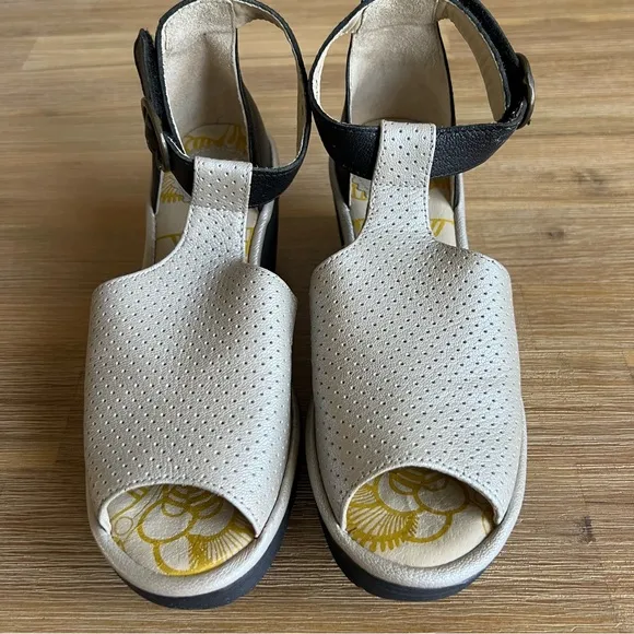 Fly London Black and Silver Wedge Sandals with Comfort Platform