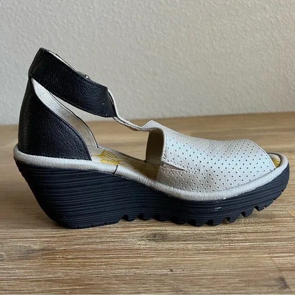 Fly London Black and Silver Wedge Sandals with Comfort Platform