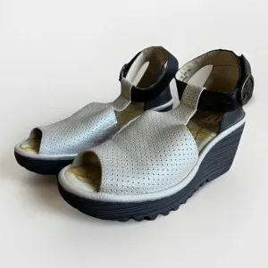 Fly London Black and Silver Wedge Sandals with Comfort Platform
