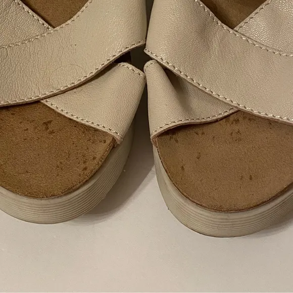 FLY LONDON SHOES WEDGE SANDAL CREAM LEATHER ANKLE STRAPS CORK SIDES Size 40 9.5