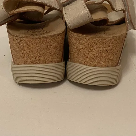 FLY LONDON SHOES WEDGE SANDAL CREAM LEATHER ANKLE STRAPS CORK SIDES Size 40 9.5