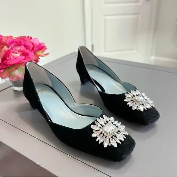 Frances Valentine Jewel Embellished Black Velvet McCall Mini Block Kitten Heels