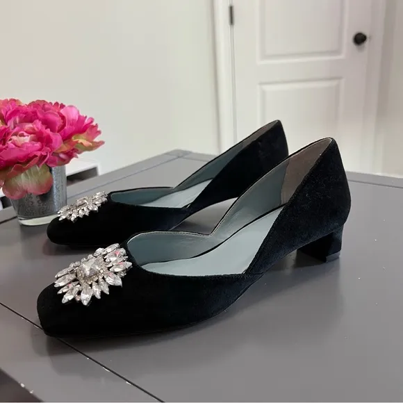 Frances Valentine Jewel Embellished Black Velvet McCall Mini Block Kitten Heels