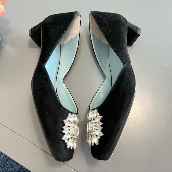 Frances Valentine Jewel Embellished Black Velvet McCall Mini Block Kitten Heels