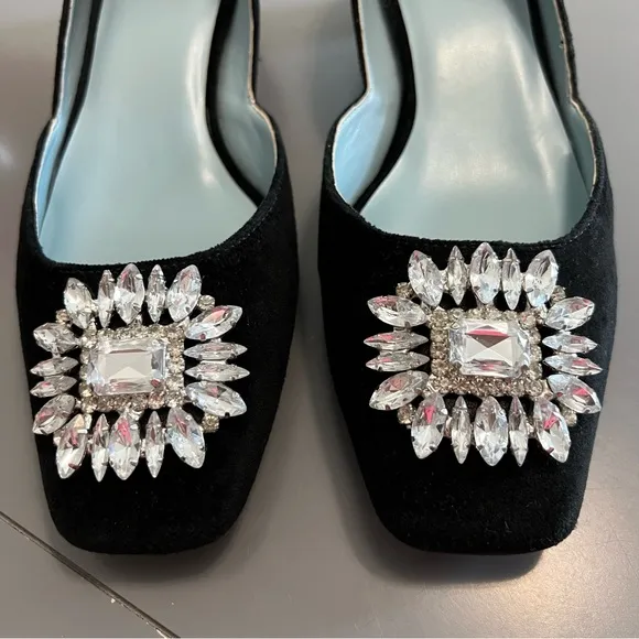 Frances Valentine Jewel Embellished Black Velvet McCall Mini Block Kitten Heels