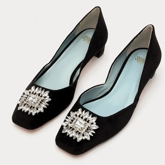Frances Valentine Jewel Embellished Black Velvet McCall Mini Block Kitten Heels