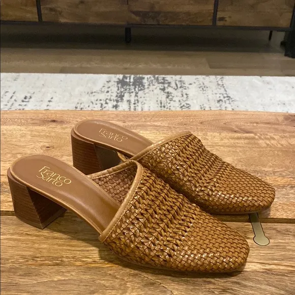 Franco Sarto Brown Leather Woven Mules Heels Sz 10