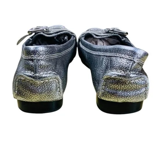 Franco Sarto Kody Silver Pebbled Leather Loafers with Buckle Accent - Size 7.5