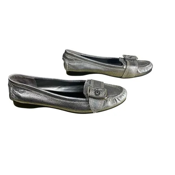 Franco Sarto Kody Silver Pebbled Leather Loafers with Buckle Accent - Size 7.5