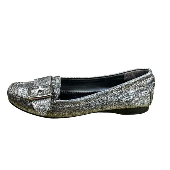 Franco Sarto Kody Silver Pebbled Leather Loafers with Buckle Accent - Size 7.5