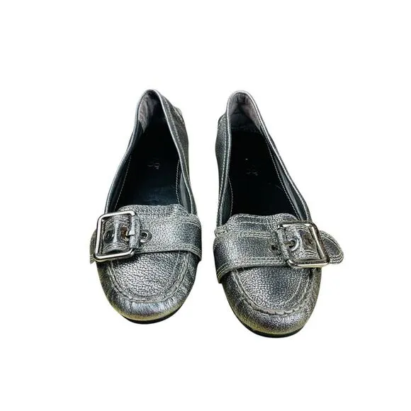 Franco Sarto Kody Silver Pebbled Leather Loafers with Buckle Accent - Size 7.5