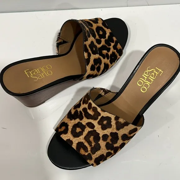 Franco Sarto Leopard Print Leather Wedge Sandals, Size 7.5