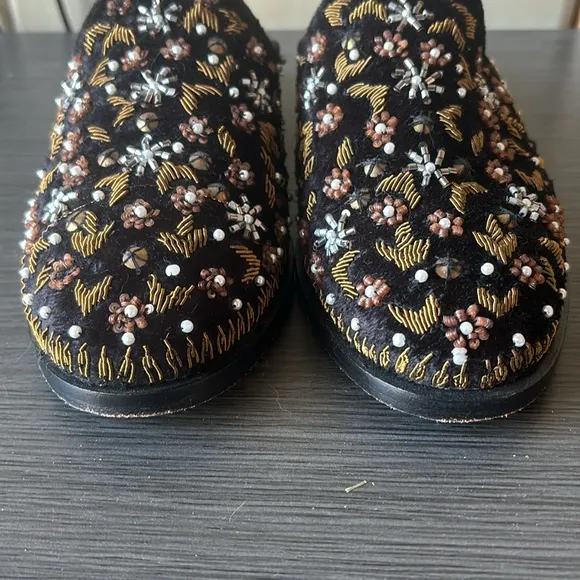 Free People Cosmic Beaded Velvet Slip On Loafer Mule Shoes Black Velvet 36 / 6