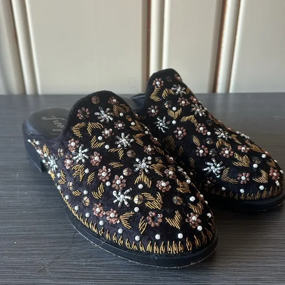 Free People Cosmic Beaded Velvet Slip On Loafer Mule Shoes Black Velvet 36 / 6
