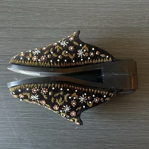 Free People Cosmic Beaded Velvet Slip On Loafer Mule Shoes Black Velvet 36 / 6