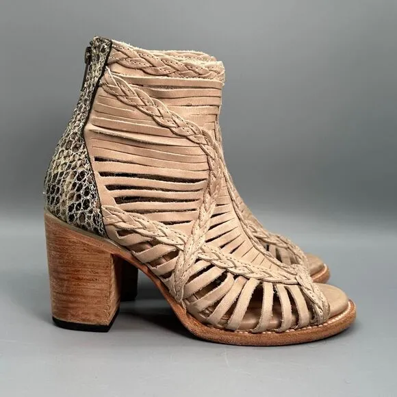 Freebird By Steven Beige Bela Shoe Womens 7 Tan Strappy Woven Heels Sandal Zip