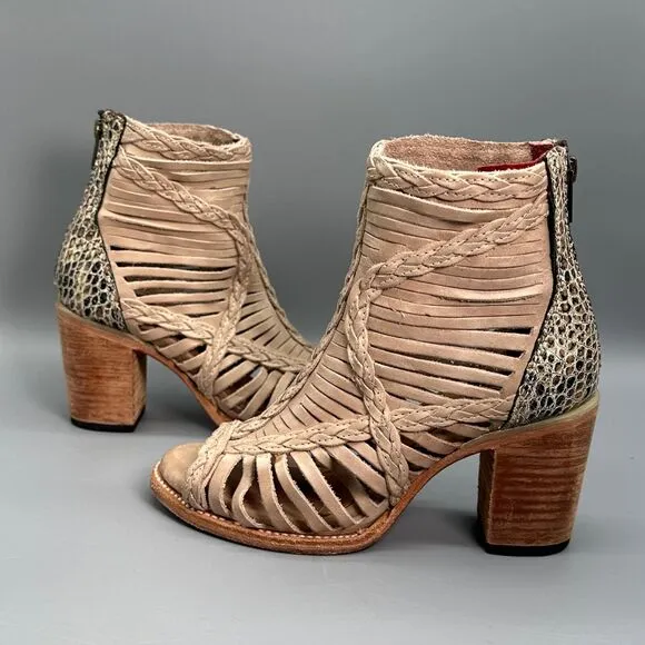 Freebird By Steven Beige Bela Shoe Womens 7 Tan Strappy Woven Heels Sandal Zip