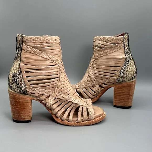 Freebird By Steven Beige Bela Shoe Womens 7 Tan Strappy Woven Heels Sandal Zip