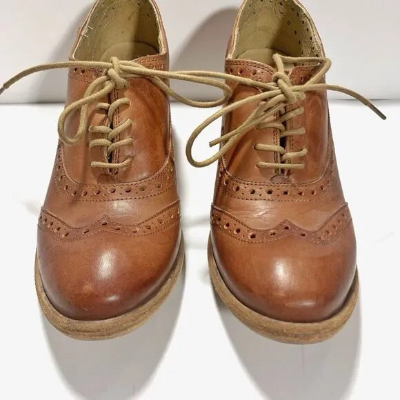 FRYE Brown Leather Wing Tip Laced Oxfords Heels Shoes Women's Sz 7.5